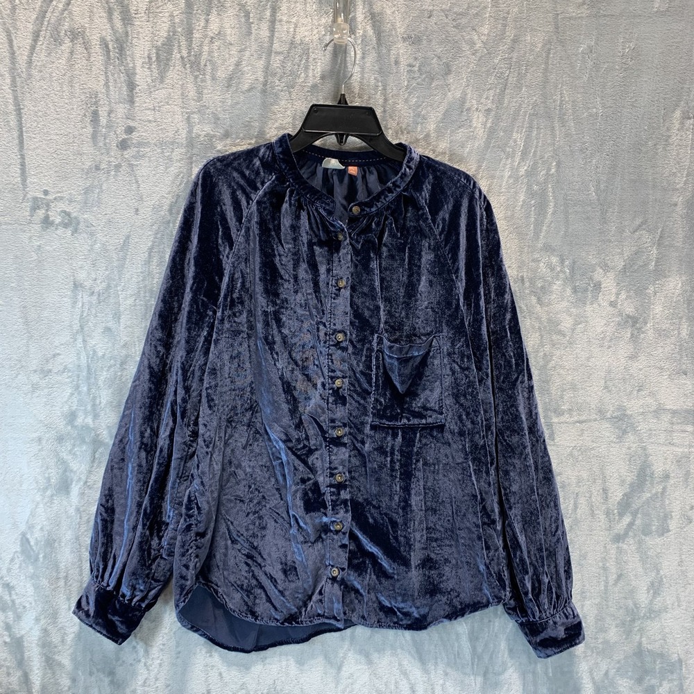 Pilcro Women's Button Up Top Shirt M Velvet Blue Mandarin Collar Boho Sleeves